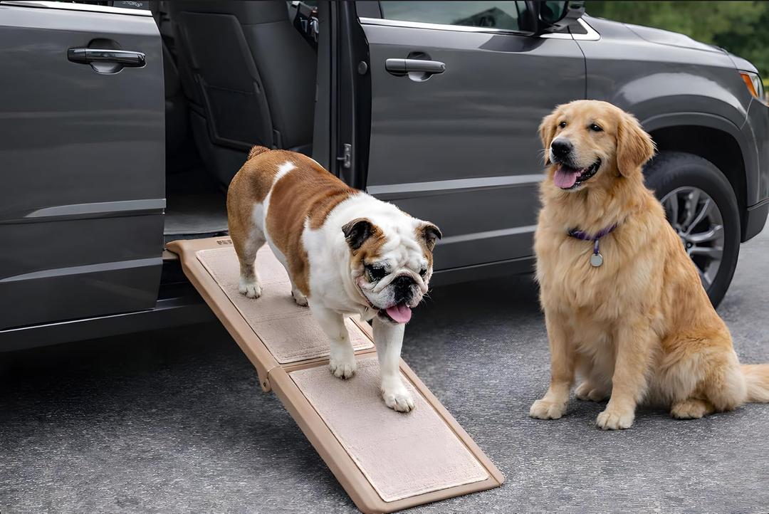 Pet Gear SupertraX Ramps for Dogs and Cats, Maximum Traction Surface, Portable/Easy-Fold (No Tools Required), Built in Handle for Travel, 5 Models, 42" L X 16" W, Supports 150 lbs, Wheat