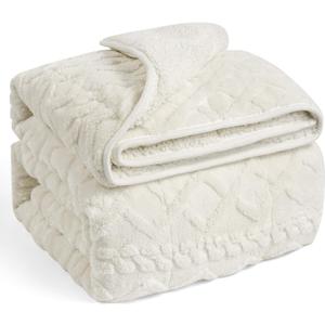 Wemore Weighted Blanket for Adults Twin Size 15 lbs, Dual Sided Soft Fuzzy Jacquard Sherpa Weighted Blankets for Sleeping, Cozy Fluffy Knitted Heavy Blanket for Couch Bed, Cream White, 60 x 80 inches