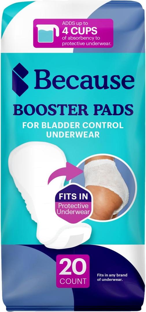 Because Overnight Incontinence Booster Pads for Men and Women, Adds 4 Cups Extra Absorbency to Adult Diapers, Super Soft, Adhesive Strip Backing, Unisex, 20 Count