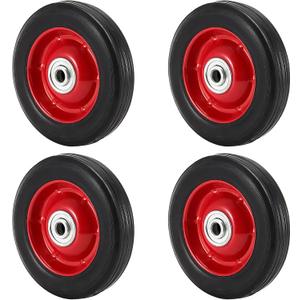 MAHIONG 4 Pack 6 x 1.5 Inch Solid Rubber Wheels, 1/2 Inch Bore Axle Replacement Hand Truck Wheel with Ball Bearing, 176 Lbs Capacity Flat Free Rubber Tire (Red)