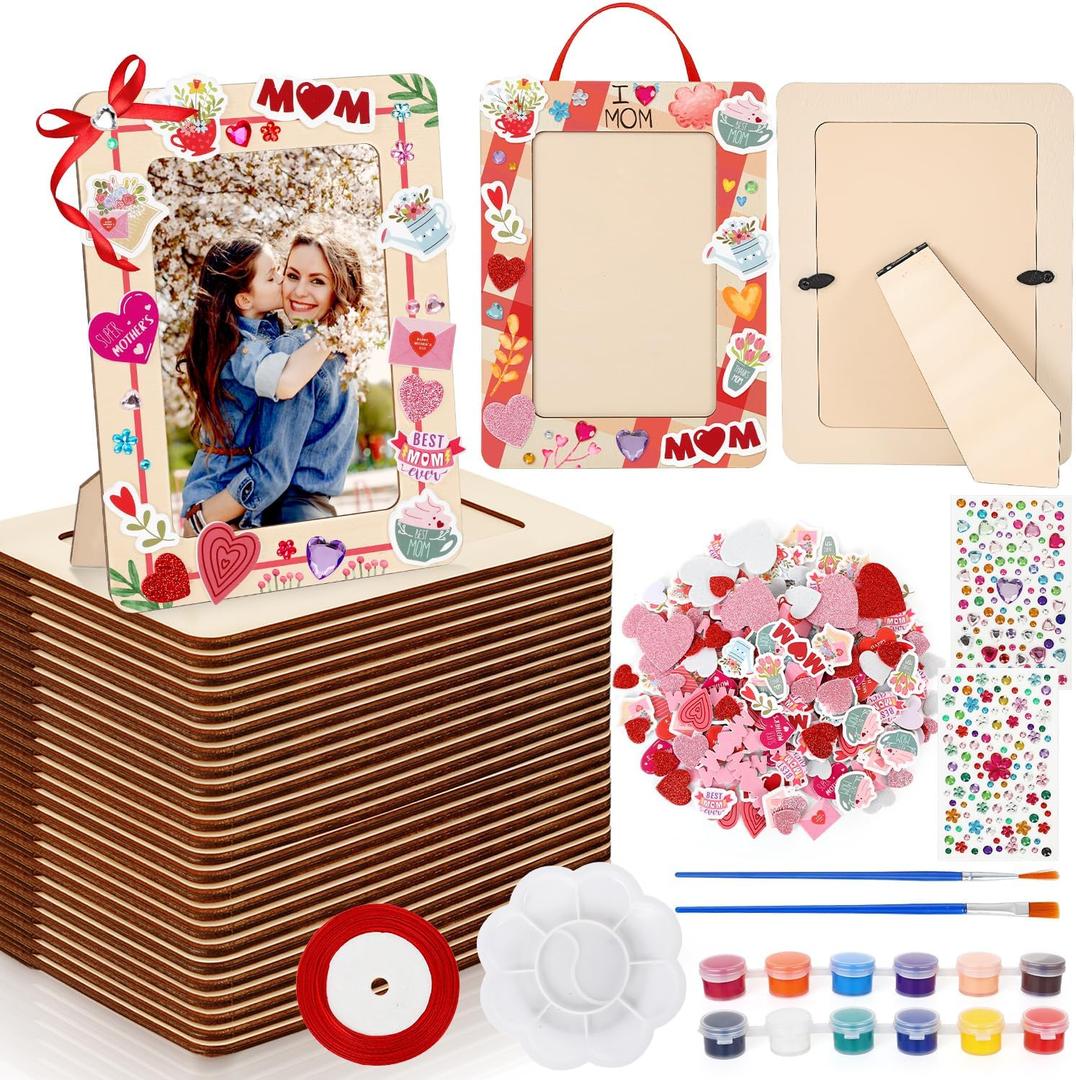 FULJOOY 24 Packs Mother's Day DIY Wooden Picture Frames Painting Craft Kit with Heart Foam Stickers Ribbon Rhinestone Sticker Tools Set Brush Unfinished Picture Photo Frames Decoration for Kids Paint