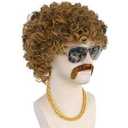 5 Pcs Rocker Costume Men's Wigs Golden curly wig Disco Men's Party Costume Men with Wigs Sunglasses Beards for 70s 80s 90s (gold)