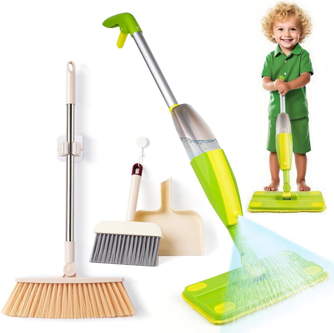 Lullulii Kids Spray Mop,Toddler Mop Cleaning Set, Real Working Mini Mop & Kids Broom Dustpan Set, Housekeeping Pretend Play Toy, Montessori Kid Cleaning Toy Set Includes Organizer Clip -Green