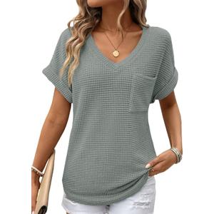 Dokotoo Womens Waffle Knit Tops 2026 Spring Summer V Neck Shirts Casual Trendy Women's Blouses Basic Tee (M)