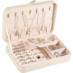 LANDICI Small Jewelry Box for Women Girls, PU Leather Travel Jewelry Case, Portable Jewelry Organizer Storage Holder Display for Ring Earrings Necklace Bracelet Brooch Men Kids Gift, Apricot