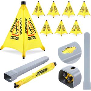 8-Packs Wet Floor Signs 20 Inch, Pop UP Bilingual Yellow Caution Wet Floor Sign with Wall Mounted Storage Tube Foldable, Slip Carefully Safety Cone Signs Pop up Caution Commercial Sign