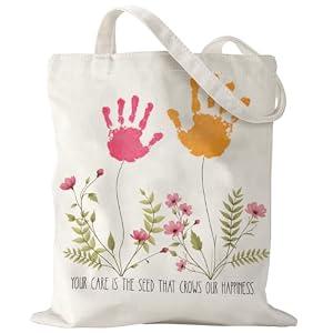 AACQQ Mother's Day Gifts for Mom from Daughter Son Appreciation Thank You Gifts for Mom Grandma Handprint Diy Kit Canvas Tote Bags Christmas Birthday Gift Canvas Tote Bags for Women Gigi Grandma