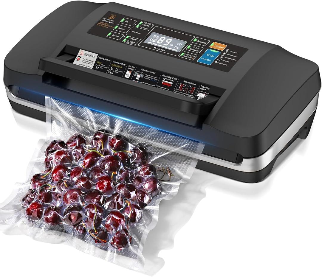 95kpa Vacuum Sealer Machine, Commercial Full Automatic Food Sealer,10-in-1 Sealing System with Double Heat Seal, Bags Storage, Easy-Lock Handle, Build-in Cutter,1 Bag Rolls and 10 pcs Pre-cut Bags