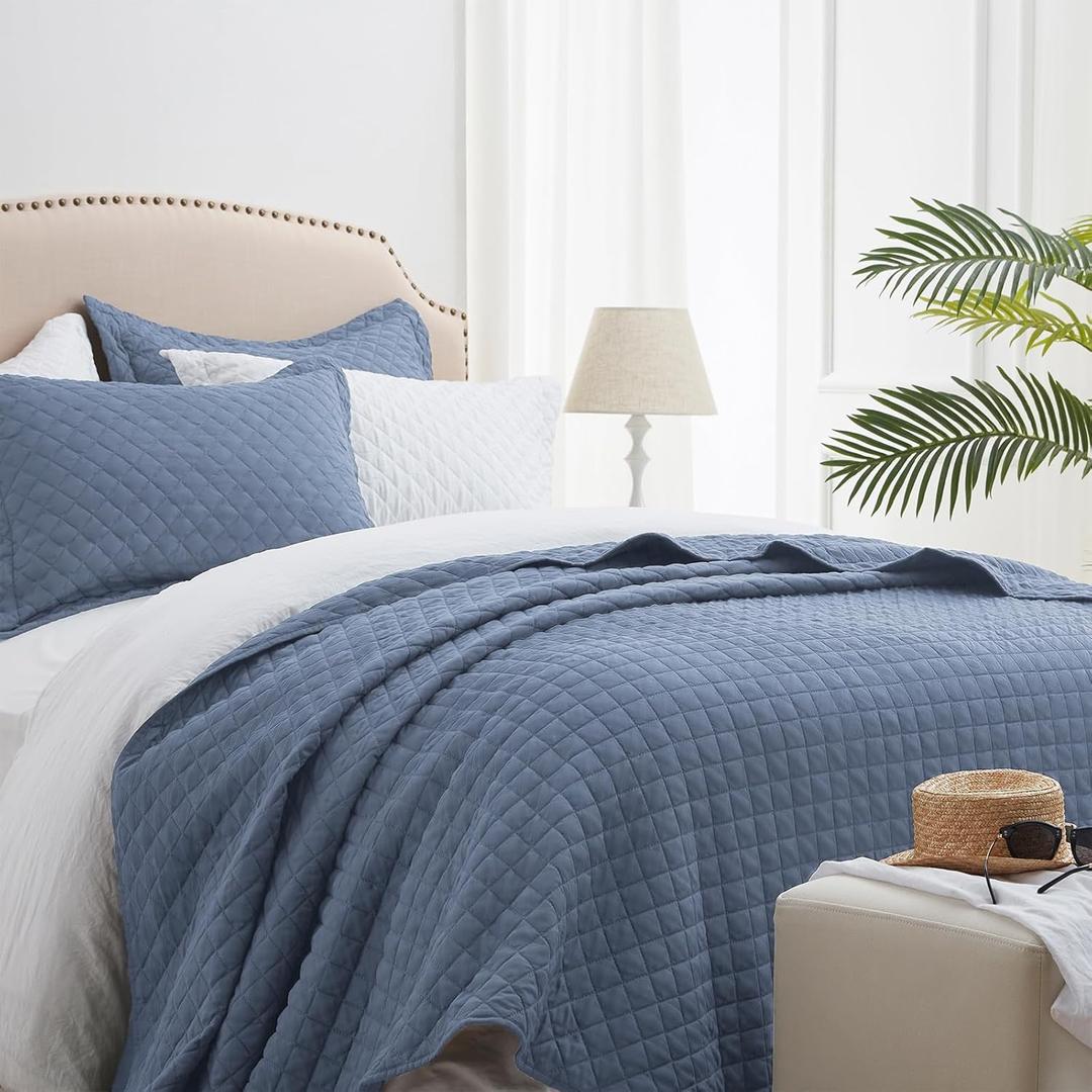 SunStyle Home Twin Quilt Bedding Set Blue, Lightweight Comforter Bedspread Blanket Twin Size Quilt, Durable Quilted Stitching Coverlet with 1 Pillow Sham in Diamond Pattern All Seasons 2pcs Kids