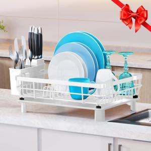 MOUKABAL Dish Drying Rack, Dish Rack, Large Dish Racks for Kitchen Counter, Drying Rack Kitchen with Removable Utensil Holder, Drainboard (White)