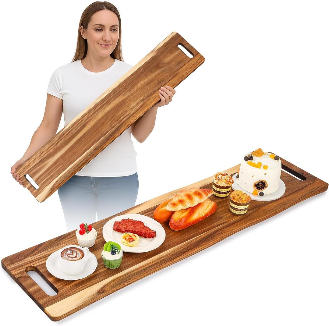 Baderke Large Charcuterie Board with Handles 48 x 12 Inch Rectangular Wood Serving Board Acacia Serving Tray Long Cheese Platter for Meat Food Party Appetizers Fruits Display Kitchen Outdoor Use