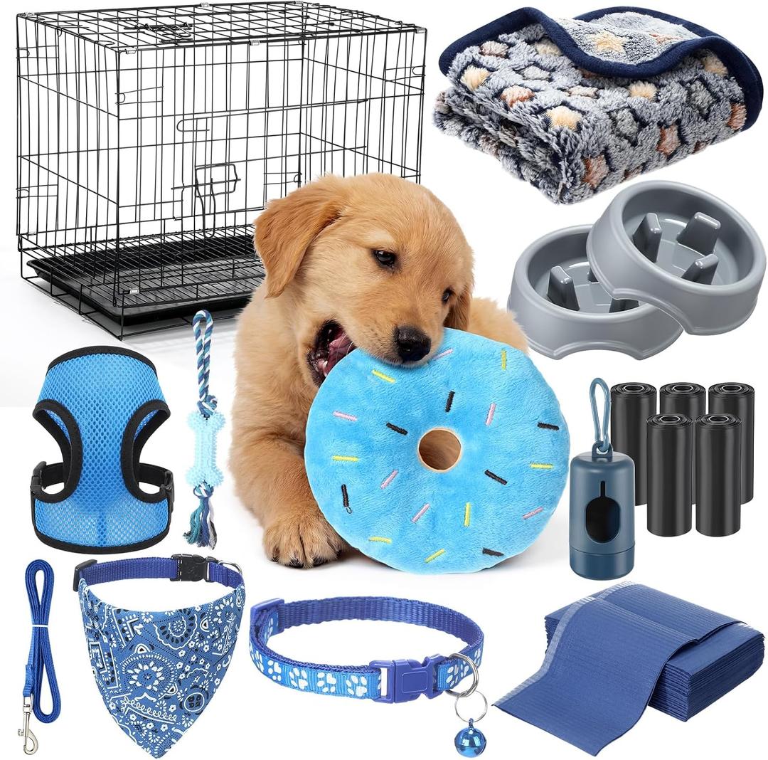 SmoothNovelty 35 Pcs Puppy Supplies Starter Kit for Small Dogs, Essentials Gift with Dog Cage Harness Leash, Slow Feed Bowls, Chew Toys, Training Kit for New Puppy Owners, First Time Dog Parents