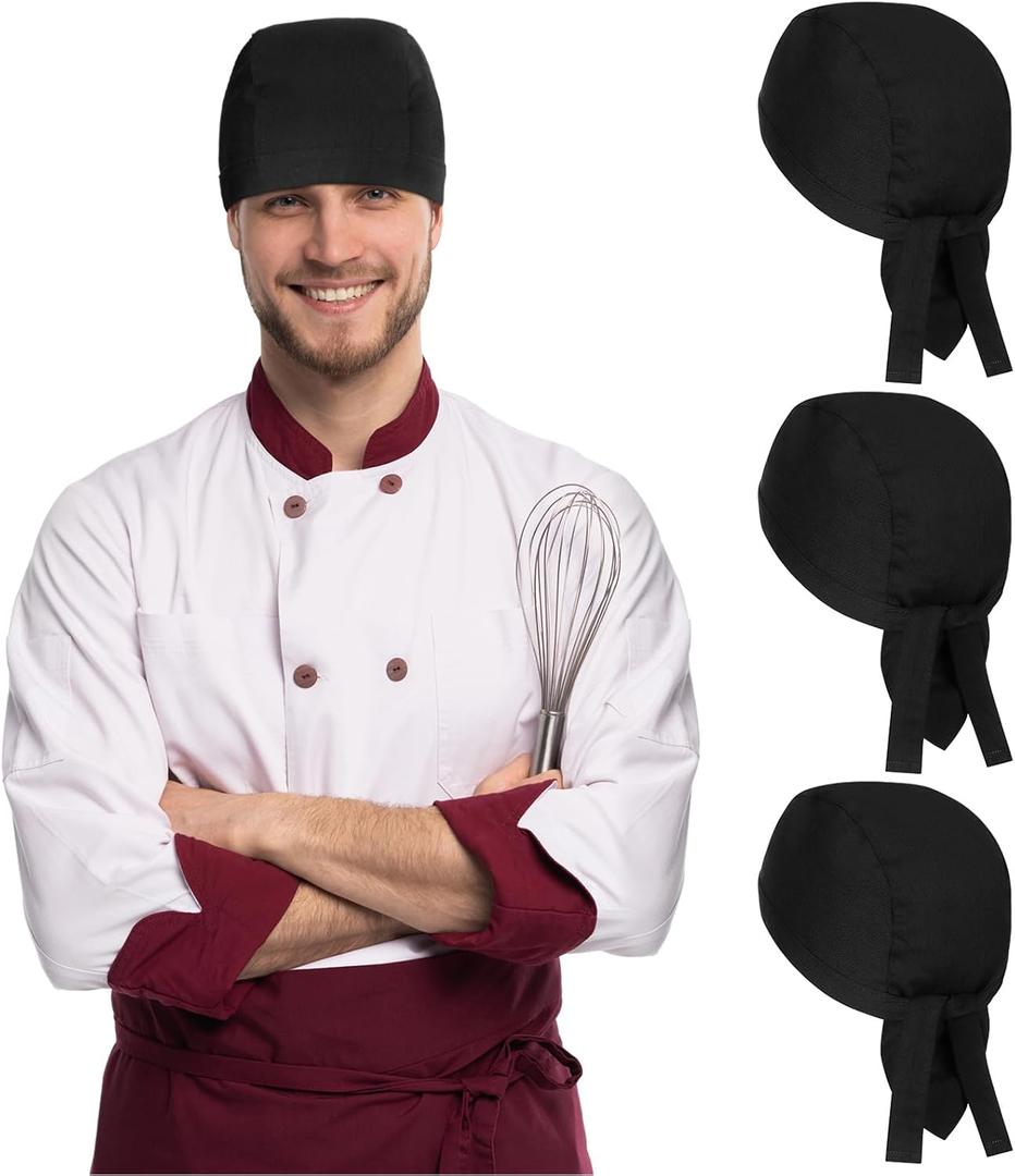 Chuarry Chef Hat Tie Back for Men Adjustable Chef Cap Bandana Skull Cap Black Breathable Cooking Hat for Men Women