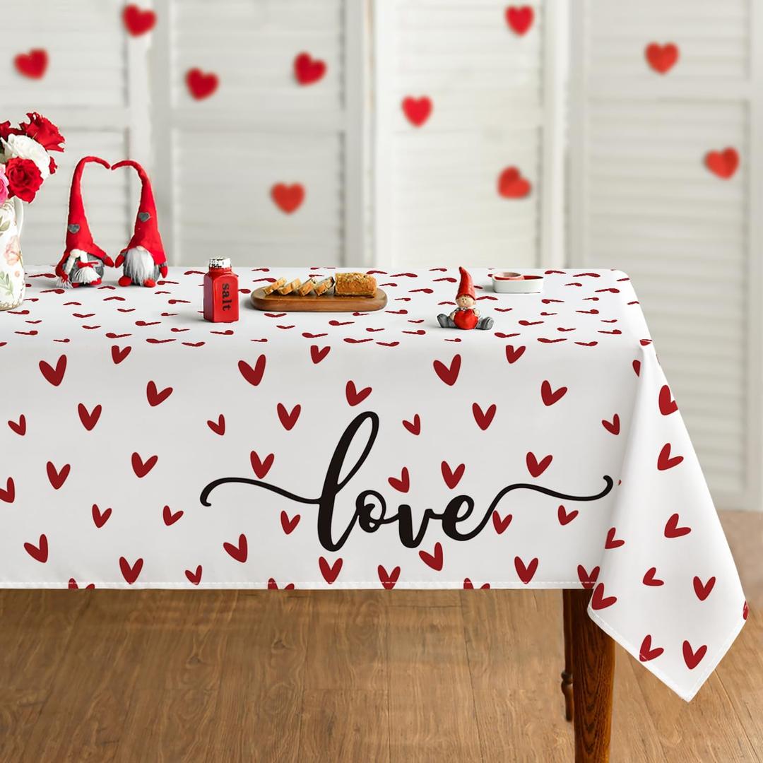 Horaldaily Valentine Tablecloth 60104 Inch Rectangle, Mini Love Hearts White Washable Table Cover for Party Picnic Dinner Decor