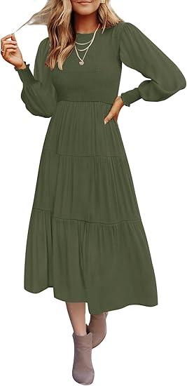 ZESICA Women's Casual Long Sleeve Crew Neck High Waist Smocked Flowy Tiered Midi Dress (Medium, Green)
