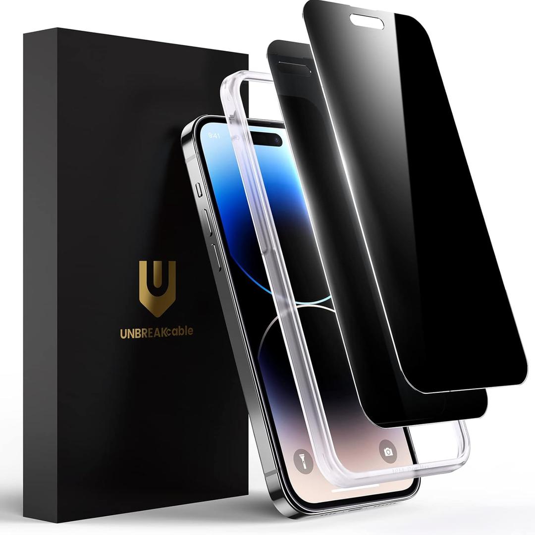 UNBREAKcable Privacy Screen Protector for iPhone 14 Pro, Shatterproof Tempered Glass [True 28Anti Spy] [9H Hardness] [Easy Installation Frame] Black Protector for iPhone 6.1" -2 Pack