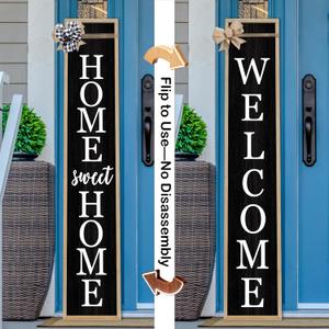 Outdoor 2in1 Welcome Sign for Front Door Home Sweet Home Sign for Farmhouse Tall Outdoor Front Porch Standing 2 Sided 45"X9" Large Vertical Leaner Rustic Outside Decor (Wood Black), 45L" x 9W"