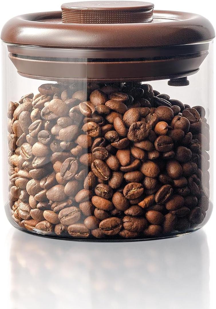 Borosilicate Glass Coffee Jar 600 ml  Pop Top Airtight Coffee Canister with CO2-Release Valve, 7 Oz Coffee Container for Ground Coffee, Brown