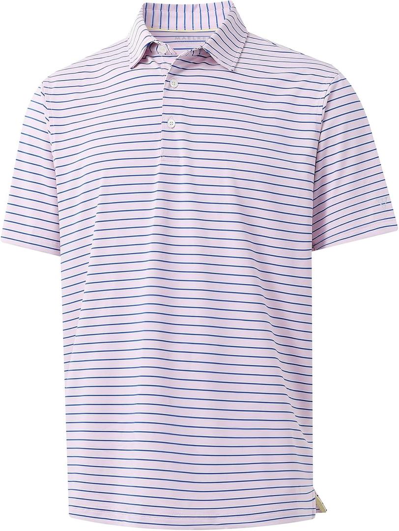 M MAELREG Boys' Polo Shirt Striped Short Sleeve Moisture Wicking Performance Stretch Active Casual Collared Kids Golf Shirt (6 Years, Light Pink/Cobalt Stripe)