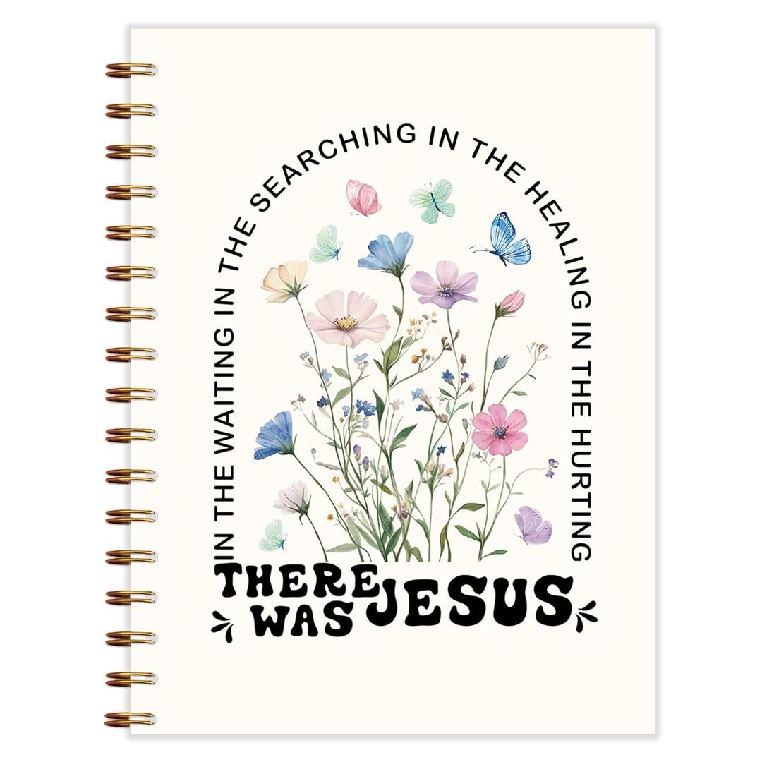 Qnhij Christian Floral Spiral Notebook 5.5x8.3, There Was Jesus Bible Journaling Notebooks for Note Taking, Religious Scripture Prayer Journal for Woman, Church Notes Journal