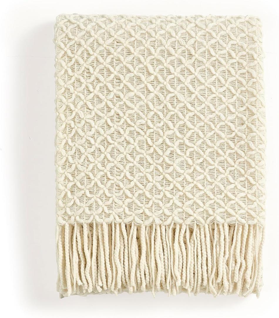 CREVENT Farmhouse Boho Knitted Throw Blanket for Couch Sofa Chair Bed Home Decoration, Soft Warm Cozy Light Weight for Spring Summer Fall (50''X60'' Beige)