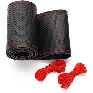 BELINOUS Universal Leather Car Steering Wheel Cover, Stitch On Wrap (Size M4, Black and Red)