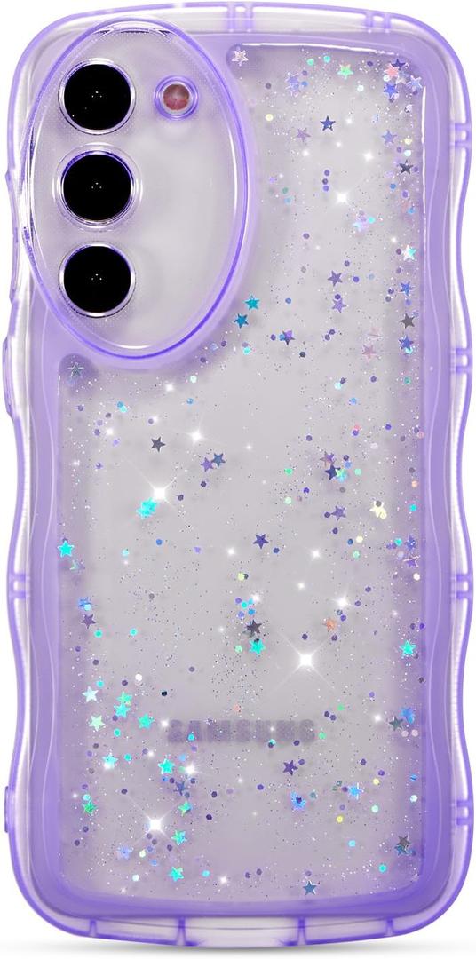 ZTOFERA for Samsung Galaxy S23 Plus 5G Case 6.6",Cute Curly Wave Case with Star Glitter,Clear Shiny Bling Soft TPU Shockproof Phone Protective Cover for Women Girls-Purple