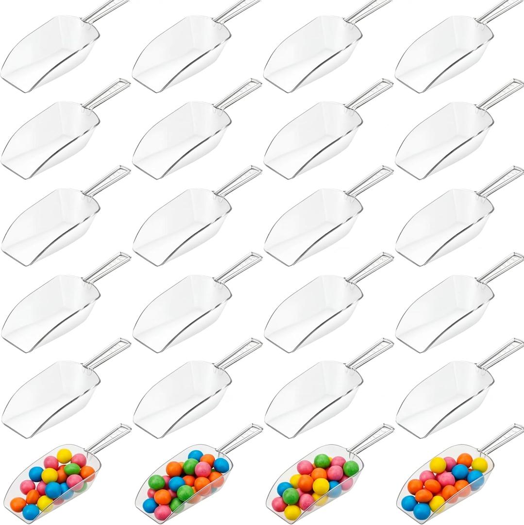 Jinei 24 Pcs Multi Purpose Ice Scoops Acrylic Clear Plastic Scoop for Containers Candy Popcorn Food Ice Cream Dessert Canisters Jars Buffet Kitchen Bar Wedding Party(4.3")
