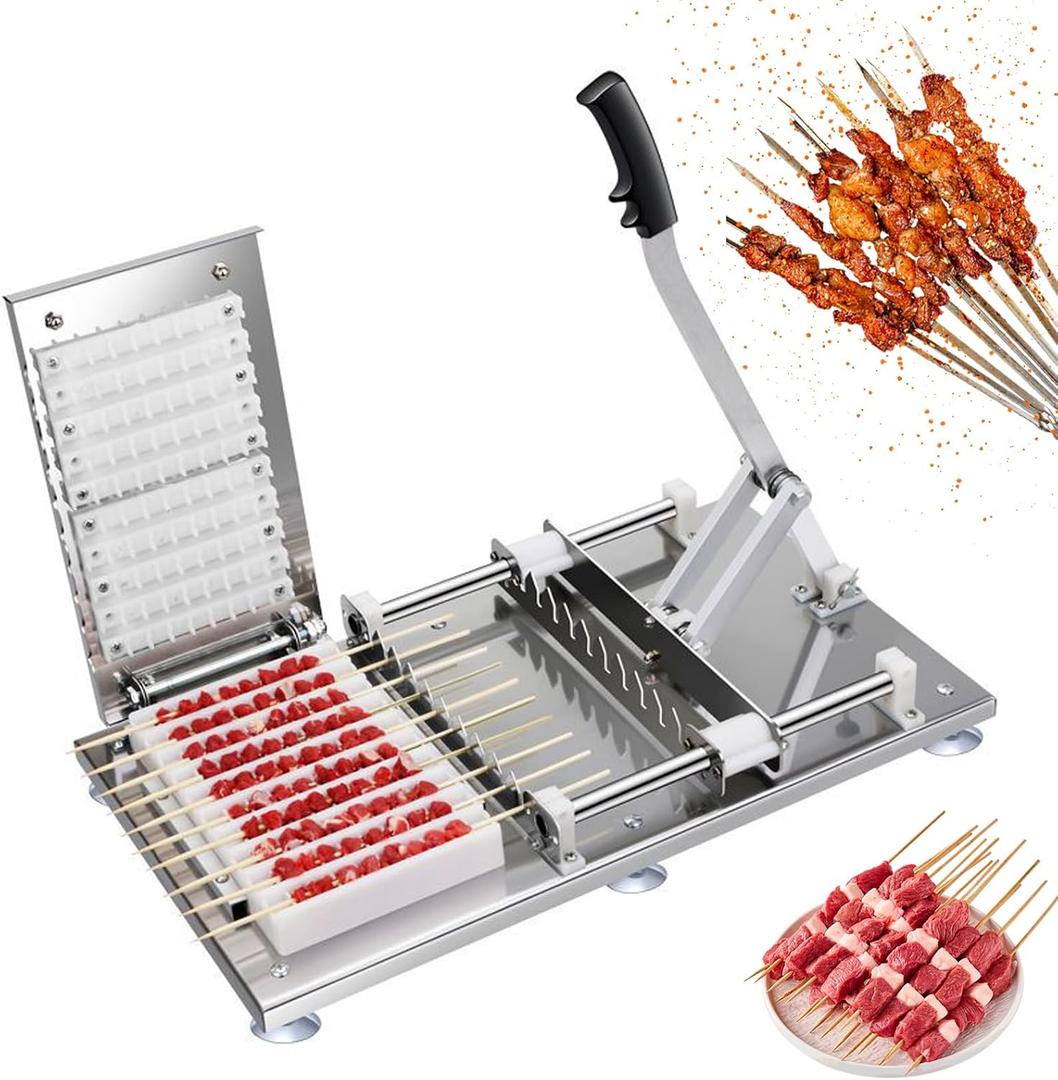 Manual Mutton Kebab Machine, Kebab Maker Press Mould, 10 Holes BBQ Bamboo Skewer Meat Making Machine, Commercial Stainless Steel Satay Meat String Machine Grilling Tool for Outdoor Picnic Camping