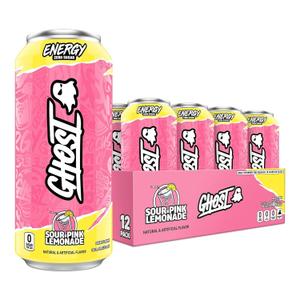GHOST Energy Drink - 12-Pack, Sour Pink Lemonade, 16oz Cans - Energy & Focus & No Artificial Colors - 200mg of Natural Caffeine, L-Carnitine & Taurine - Gluten-Free & Vegan (EXP 08/02/25)