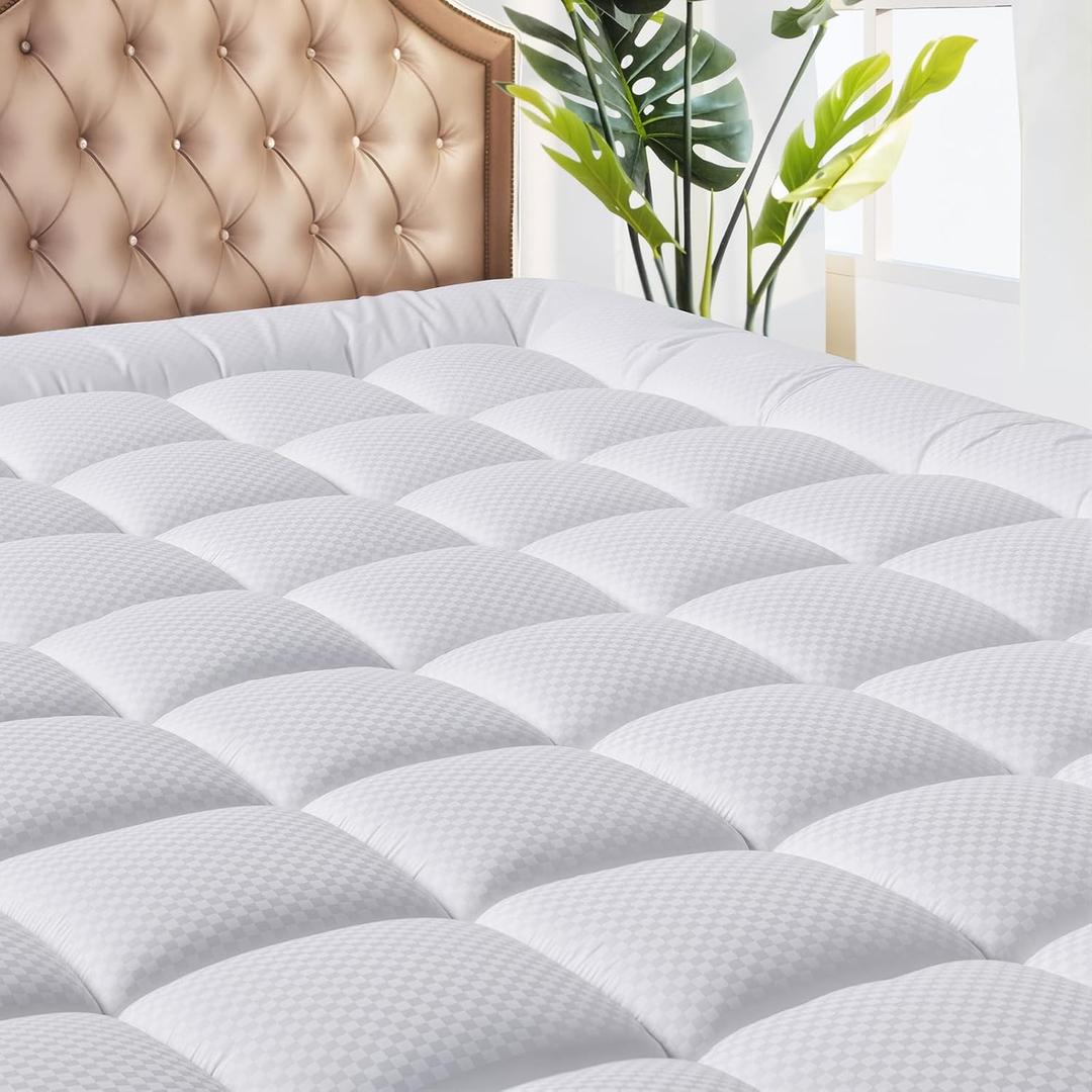 MATBEBY Queen Size Mattress Pad - Cooling Breathable Mattress Topper, Quilted Fitted Mattress Protector, Pillow Top Mattress Cover with 8-21" Deep Pocket, Soft, Machine Washable, White, 60x80 Inches (White - Checkered)