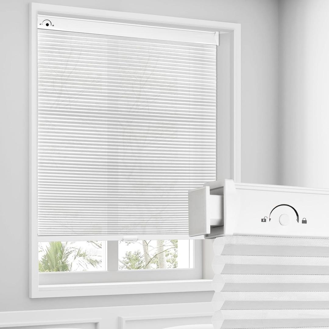 Allesin Zen No Drill Blinds for Windows Blackout Cordless Cellular Shades Honeycomb Blinds Pull Down, Free Stop Easy Install for Home and Office, 50% Blackout, White, 34" W x 36" H