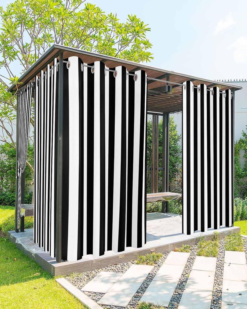 Striped Outdoor Curtains for Patio Waterproof Weatherproof,Black and White Outdoor Curtains,Sun Blocking Privacy Grommet Outside Curtains Weighted Drapes for Gazebo Porch Pergola,2 Panels,54W x 108L