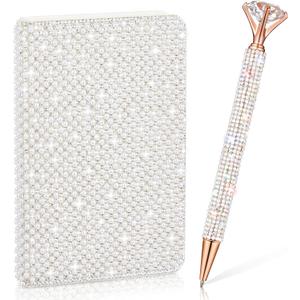 Rhinestone Notebook Pen Sets Glitter Pocket Notebook Crystal Pens Mini Diamond Journal Hardcover Bling Diary Office Desk Accessories for Women Birthday Gift(Pearl,A6,White)