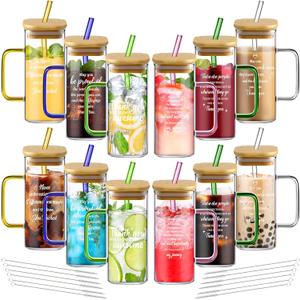Uiifan 12 Pcs Employee Appreciation Gifts Bulk,End of Year Thank You Inspirational Glass Cups with Lids and Straws 13.5 oz Iced Coffee Cups with Handle for Teachers Nurses Coworkers Staff Volunteers