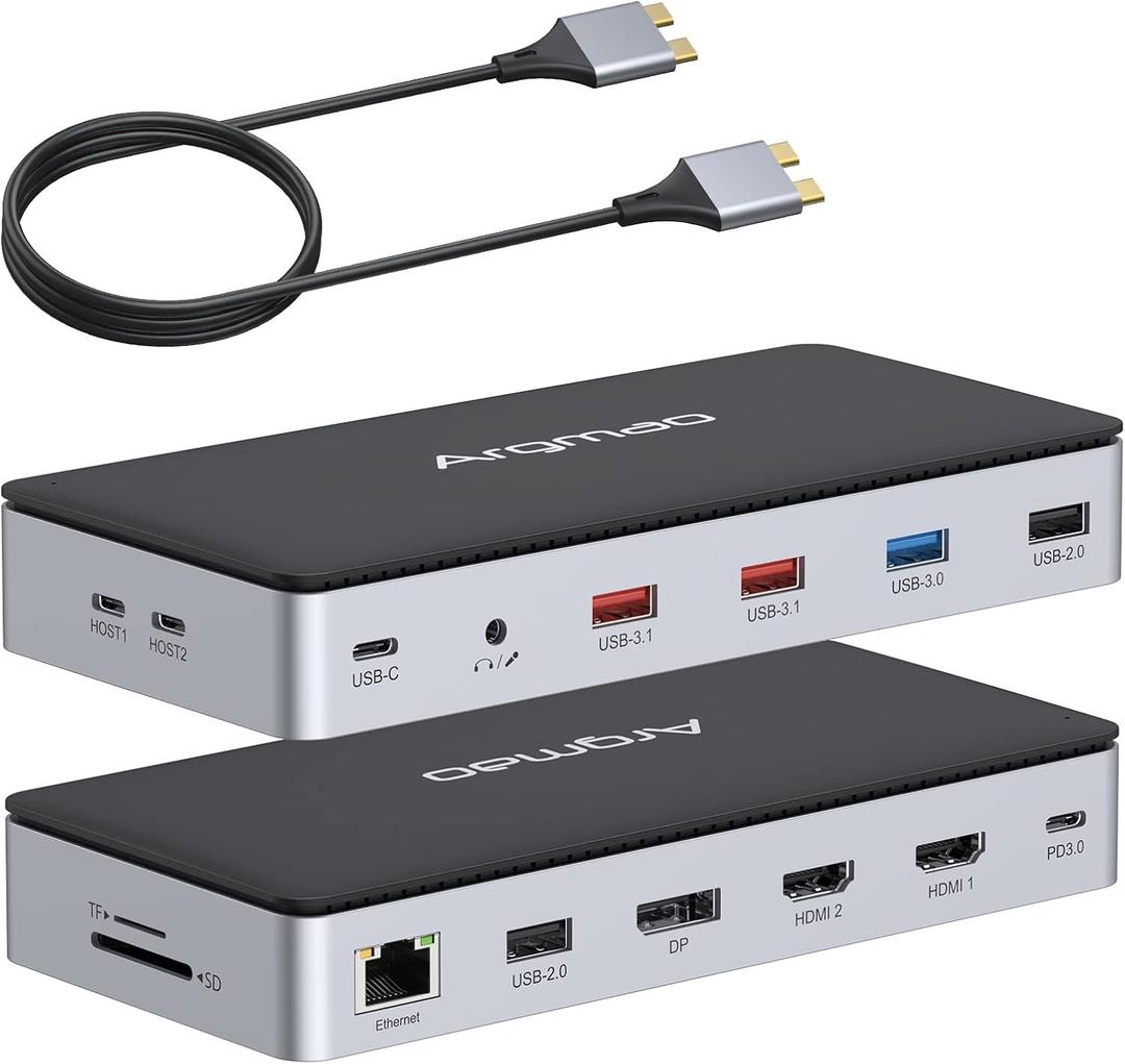 14 in 2 USB C Laptop Docking Station for MacBook Pro Air with Triple Different Display, Dual Monitor 4K@60Hz Multiport Type C Adapter, 2 HDMI & DP, USB C/A Port, PD, Ethernet, SD/TF, Audio/Mic (Grey)