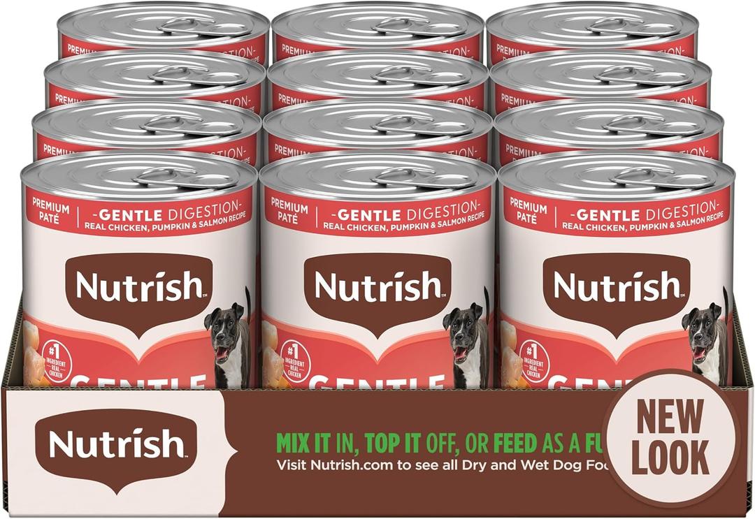 Nutrish Gentle Digestion Premium Pat Wet Dog Food, Real Chicken, Pumpkin & Salmon Recipe, 13 oz. Can, 12 Count (Rachael Ray) (EXP 03/28/28)