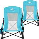 Oileus Folding Portable Beach Chair, High-Back Low-Seat Lightweight Chair for Beach Tents, Shelters, and Camping, Full Mesh Backrest | Cup Holder | Storage Bag | Carrying Bag | 2 Armrests