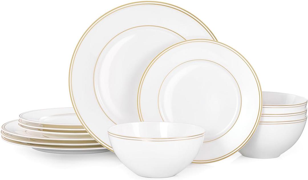 KINGSTONE Bone China Dinnerware Set, 12-Piece Dishes Set for 4, Elegant Gold Trim Ceramic Plates & Bowls, Lightweight Translucent Dishware for Home Dining, Festival Banquet, Party & Gift