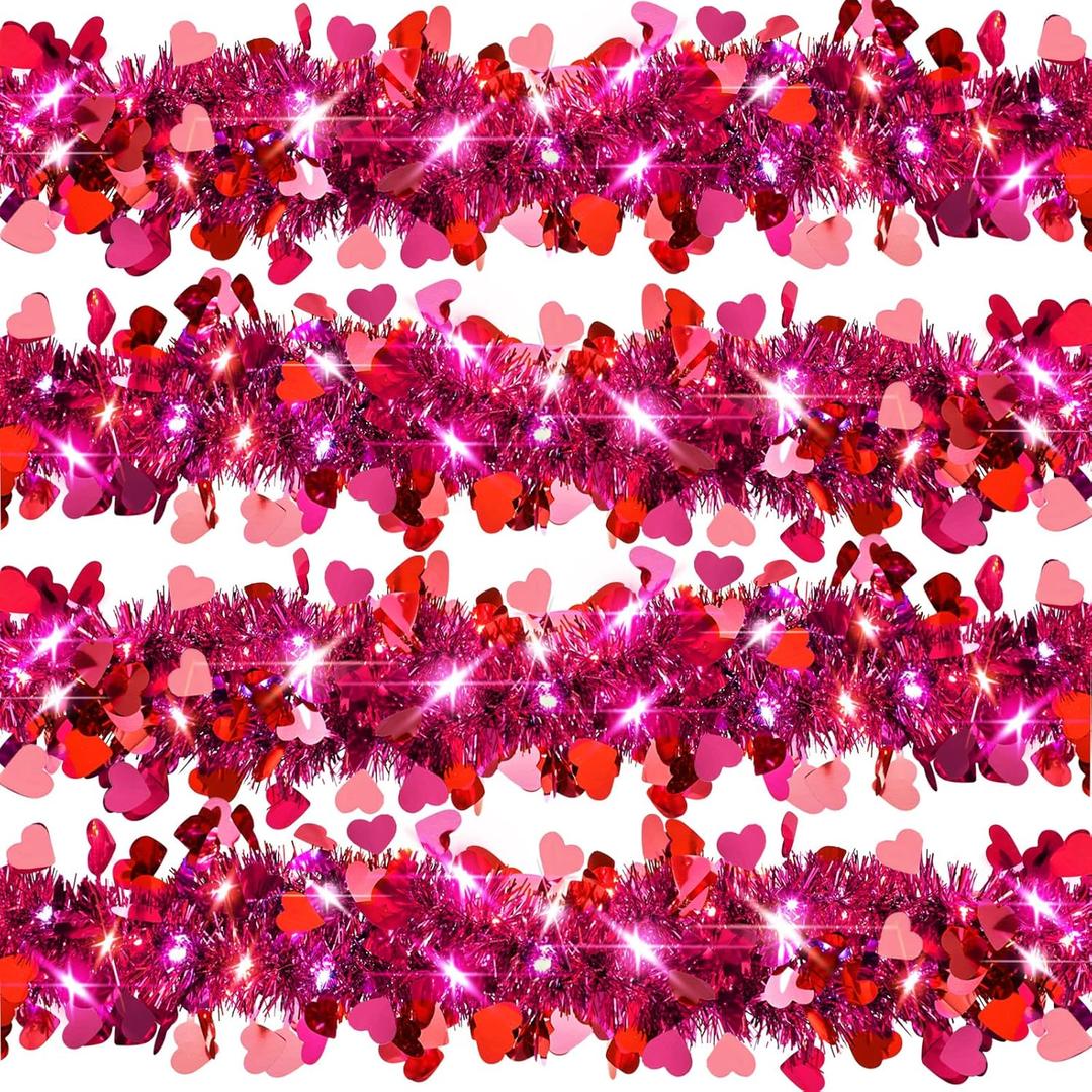 Kajaia 65.6 Feet St Patrick's Day Tinsel Garland with Lights Red Heart St Patrick's Day Tinsel Garland for Mantle Wedding Party Favor Indoor Outdoor Decoration Supply(Pink, Red)