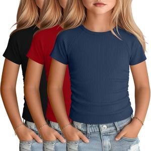 LessonZoo 3 Pack Girls Short Sleeve Cute Shirts, 3-Color, 9-10 Years