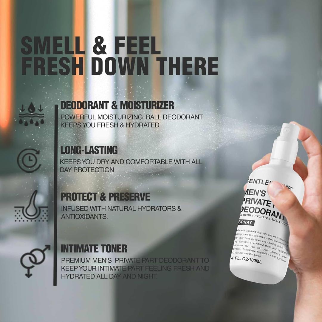 Men's Deodorant Spray for Intimate Areas - Anti-Chafing, Hydrating & Refreshing - with Aloe Vera & Witch Hazel - All Skin Types - Vegan - Amber Scent - 4oz, Best By: 12/2027