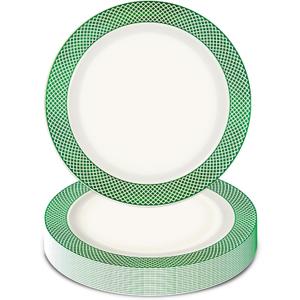Green Plastic Plates 7.5 Inch Small Dessert Plates, White with Green Rim Disposable Salad Plastic Appetizer Plates for Christmas Weddings Birthday New Year Party