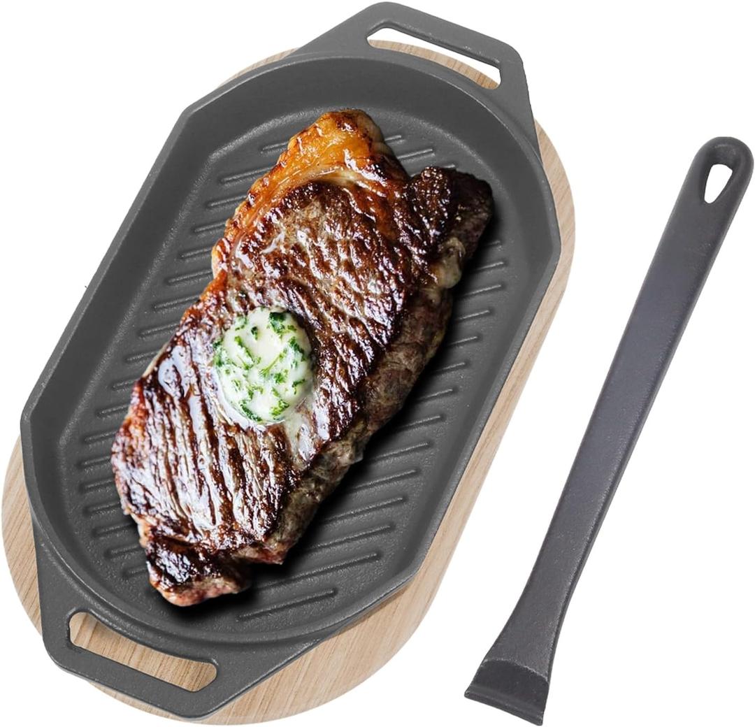 Sizzling Plate with Wooden Base for Pizza Oven and BBQ Accessories, Grizzler Pans for Outdoor BBQ Camping, 12 Inch Cast Iron Oval Pizza Pan with Removable Handle for Kitchen Stove Top, Gifts for Men