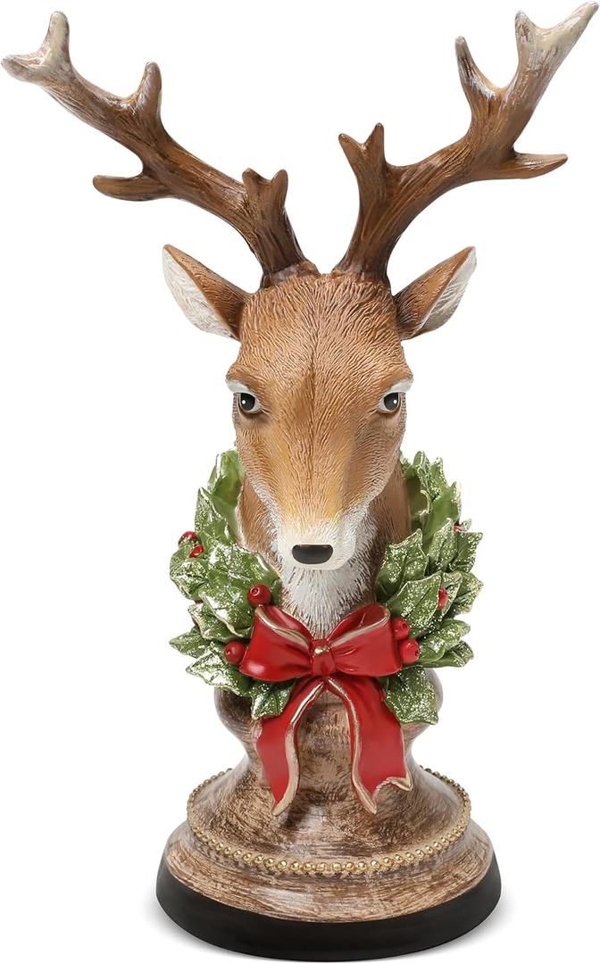 Christmas Reindeer Head Statues, Deer Head with Wreath, Reindeer Christmas Table Decoration for Home Indoor Resin Xmas Deer Figurine Winter Holiday New Year Gift for Woman