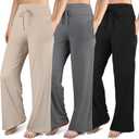 3 Pack Womens Wide Leg Pants with Pockets Comfy Casual Yoga Lounge Pant Sweatpants Loose Pajama Pants (XX-Large, Pure Black, Grey, Khaki)