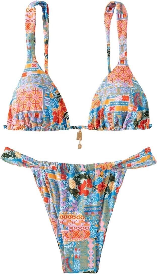 Women's 2 Piece Floral Tropical Print Bikini Set Boho Triangle Bathing Suit Tie Backless Swimsuit Sets (Medium, Orange and Blue)