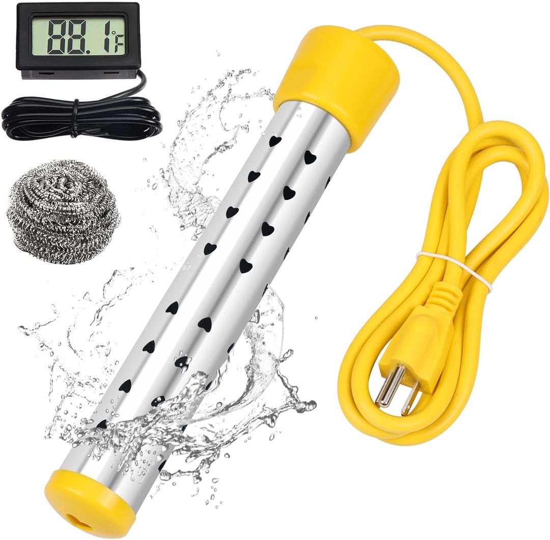 1500W Immersion Water Heater with Digital LCD Thermometer & Stainless Steel Guard - Fast Heating for Bathtub, Travel Camping Mini Pool, Bucket | Safe & Portable Heat 5 Gallons of Water in Minutes (Yellow)