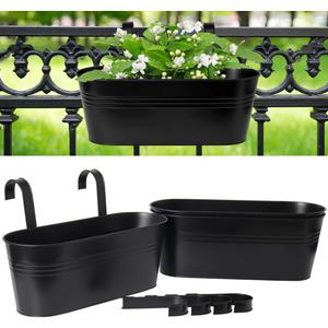 vensovo 16 Inch Railing Planter for Outdoor Plants - 3 Pack Large Metal Balcony Hanging Planters with Detachable Hooks and Drain Holes Oval Box Rail Pots for Home Garden Fence, Black