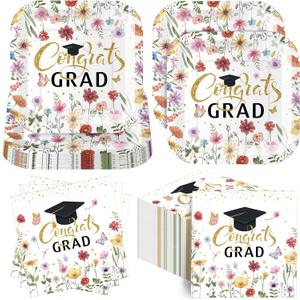 Funnymoom 100 Pcs Wildflower Graduation Party Supplies 2026 Paper Plates and Napkins, 7 Inches Disposable Plates 13 Inches Dinner Napkins Party Decorations, Serves 50 (Colorful,Grad)